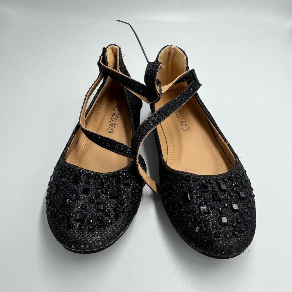 Belladia Toddler Girl Size 11 Chic Black Kids Gem Stone Dress Shoes with Straps - Picture 3 of 6